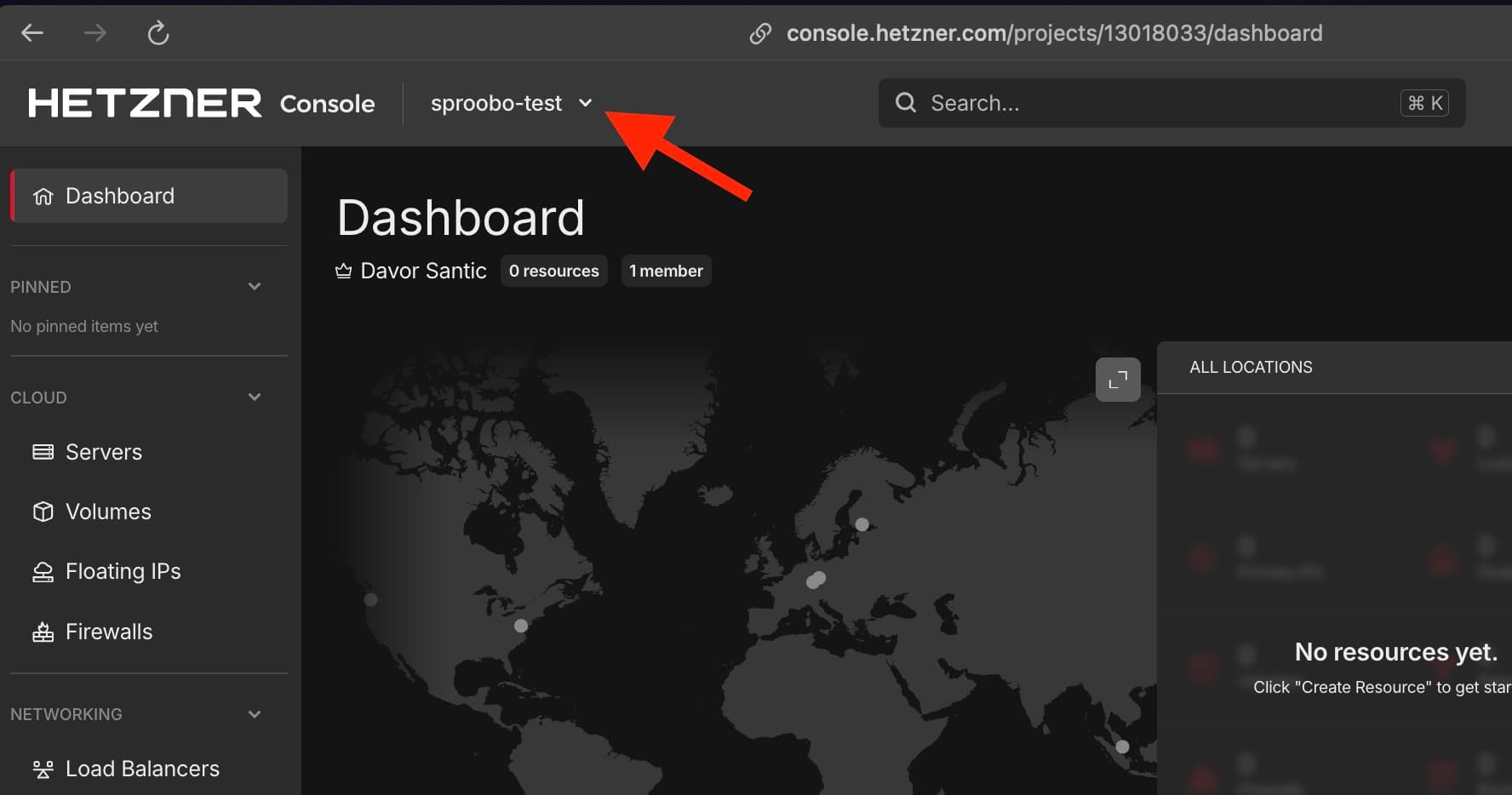Hetzner Cloud project selector showing active project