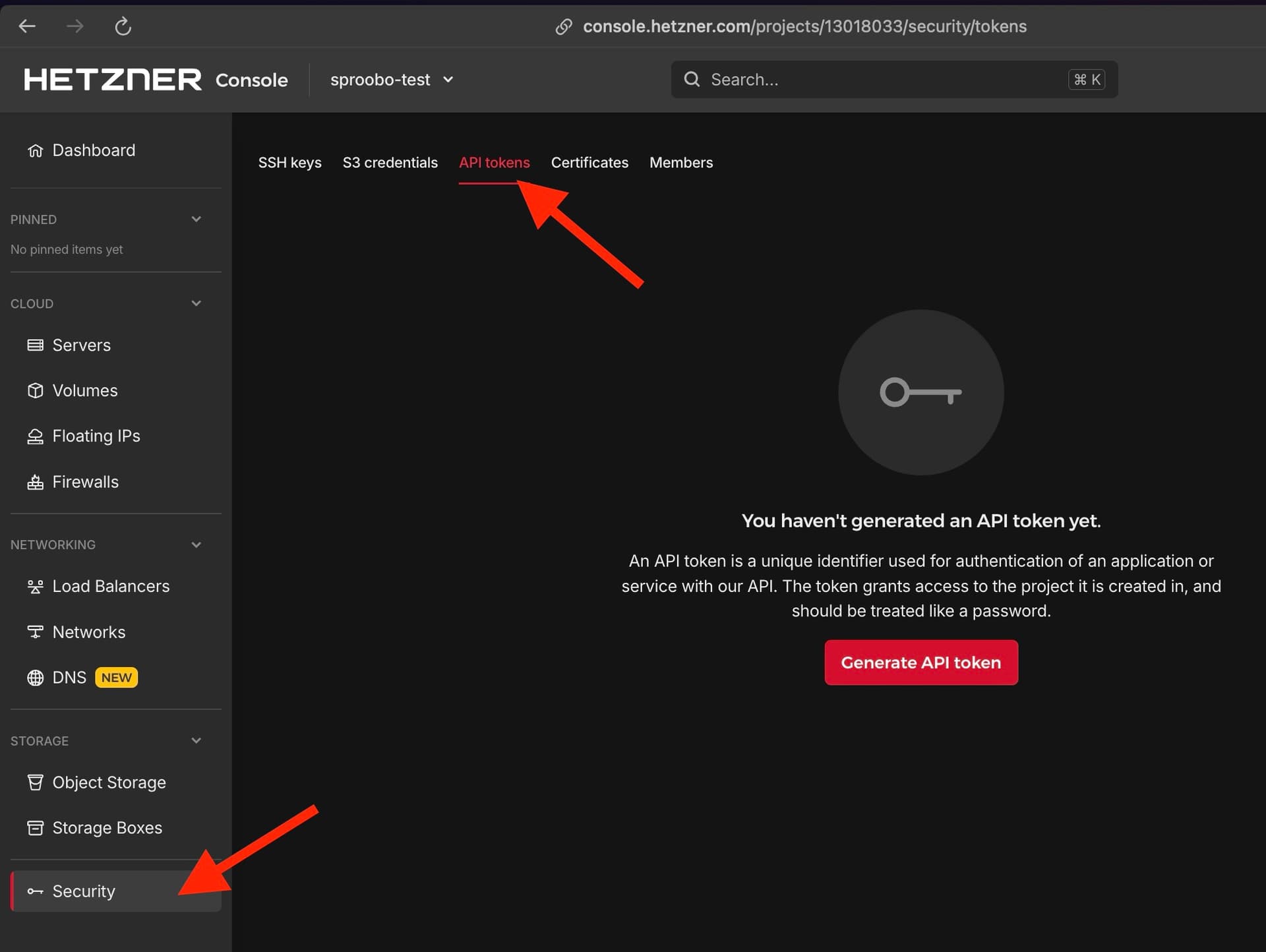 Hetzner Cloud project settings showing API Tokens option