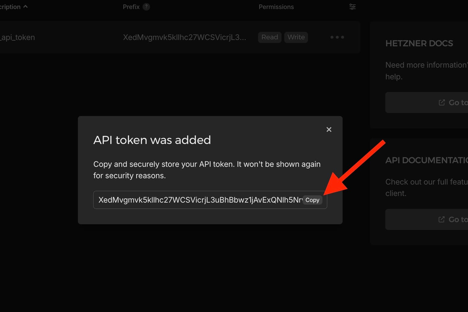 Hetzner Cloud API token display with copy button