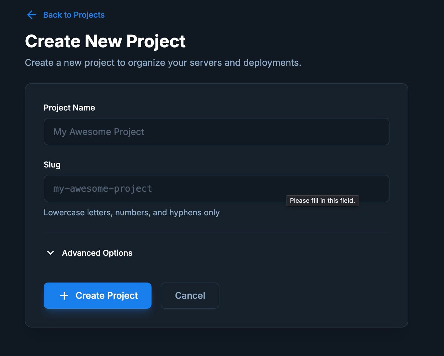 Sproobo Create Project form