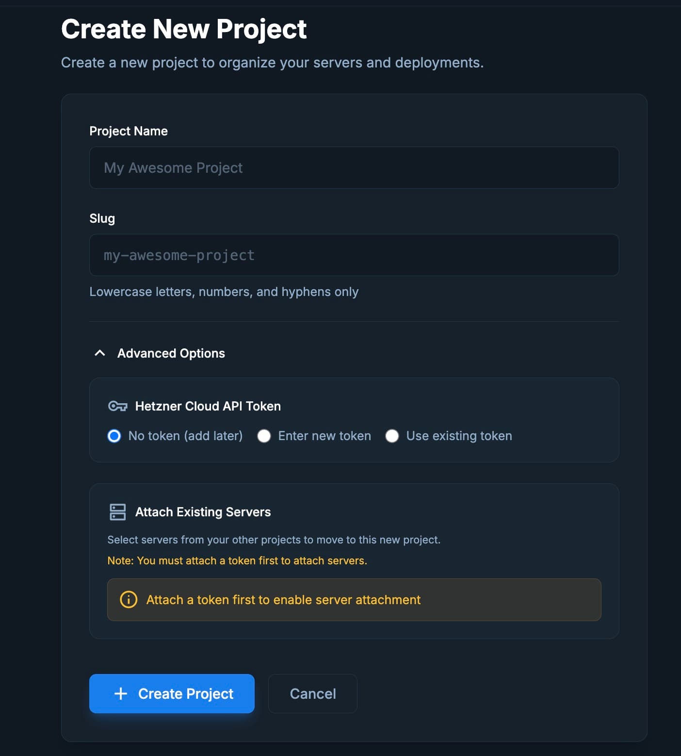 Sproobo project creation advanced options